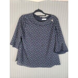 prelin womens blouse size Xl navy blue print pearl faux brooch detail lined